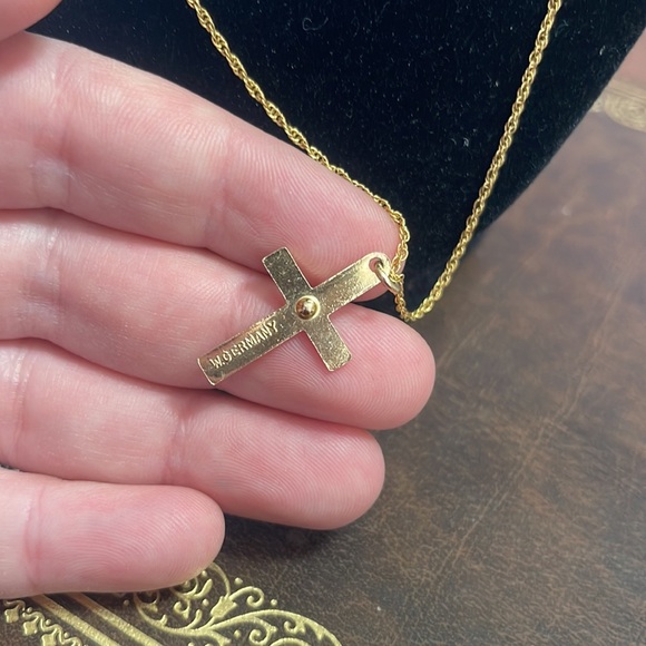 Vintage W. Germany Gold Tone Cross Pendant on Gold Overlay Chain - Picture 4 of 6